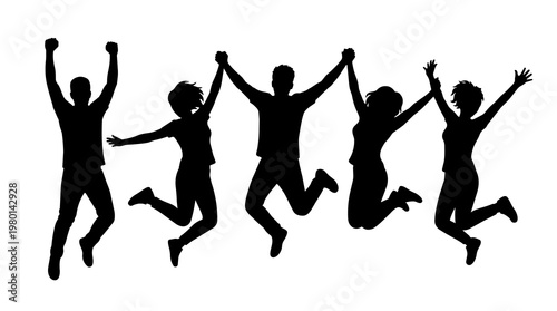 Five diverse people silhouettes jumping joyfully holding hands, isolated on transparent background