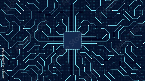 Captivating vector background illustrating a central processing unit with glowing circuit lines, representing advanced technology, artificial intelligence, and seamless digital data flow.
