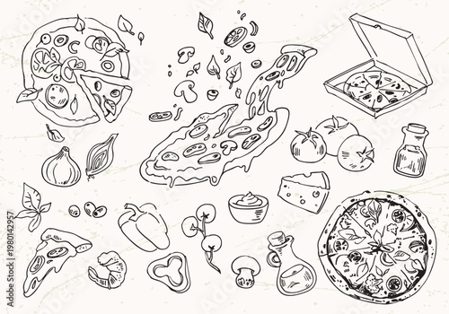 Hand-drawn pizza illustration set with slices, toppings, ingredients and kitchen elements in clean line art style, ideal for menus, packaging, and food design projects.