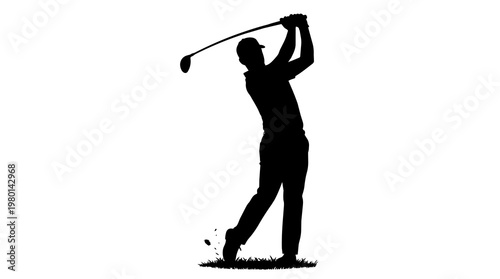 Bild auf Leinwand Golfer silhouette swinging club kicking up grass, isolated on transparent backgr