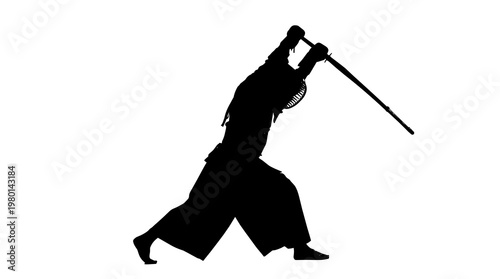 Foto Black silhouette of kendo practitioner with sword raised, isolated on transparen