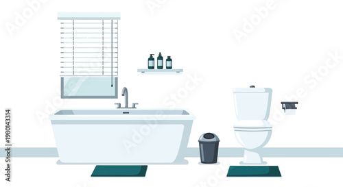 A brightly lit bathroom scene featuring a bathtub toilet sink and minimalist accessories
