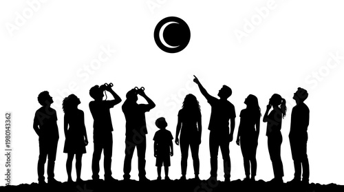 Картината върху платно Diverse group of people observing a solar eclipse, isolated on transparent backg