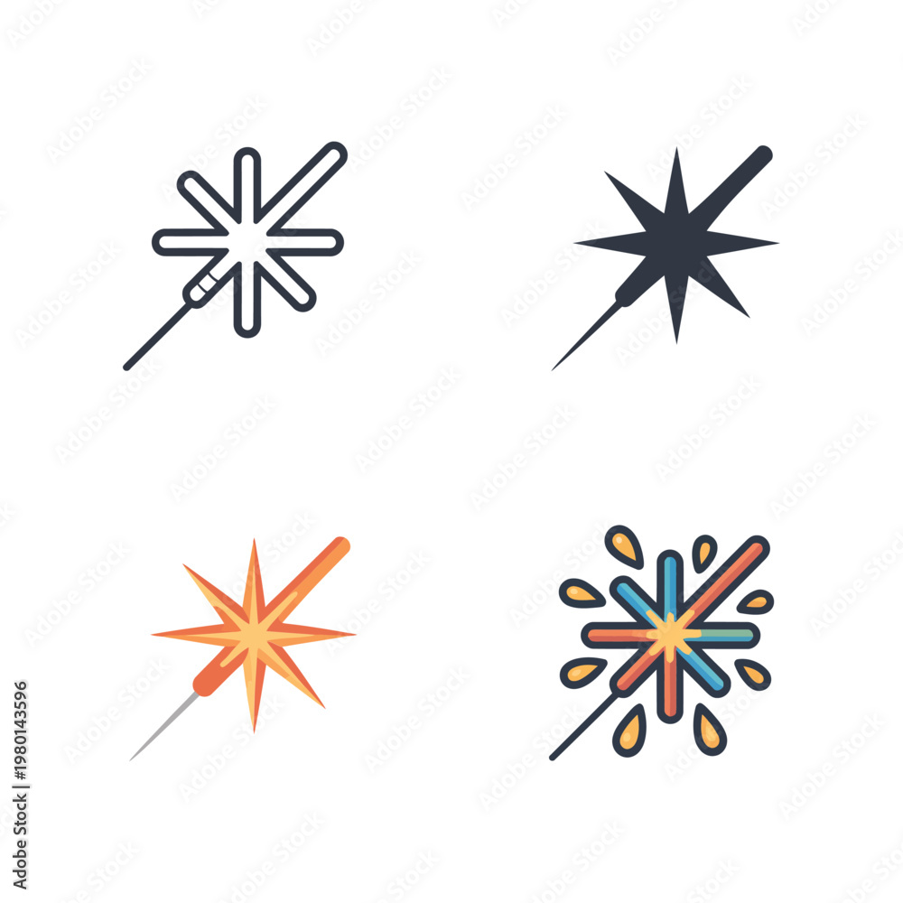 Obraz premium Sparkler star icons, festive light burst set, independence day celebration, wedding send off decoration, bonfire night poster, vector illustration elements