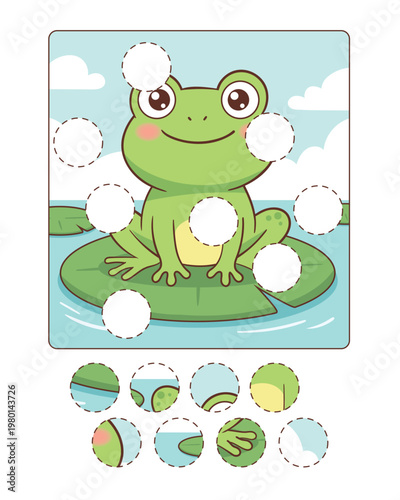 Cute frog puzzle for children with missing circle pieces, designed as an educational matching activity that supports logical thinking, attention, and fine motor skill development through play.