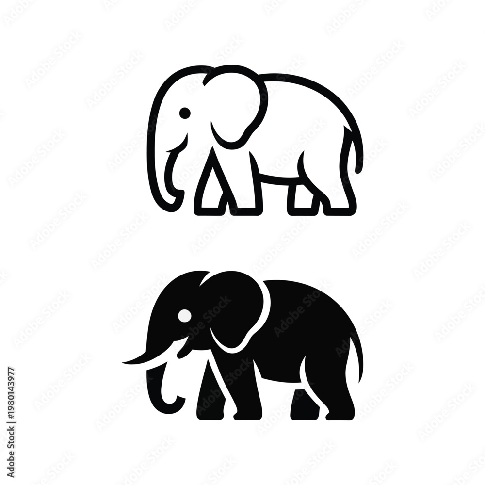 Fototapeta premium Elephant outline and solid silhouette icons, wildlife conservation vector for safari travel branding, zoo signage, nature education materials designs