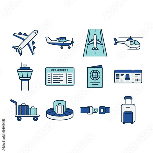 A clean and modern collection of outline vector icons representing aviation, airport services, and air travel. Designed in a professional blue color palette