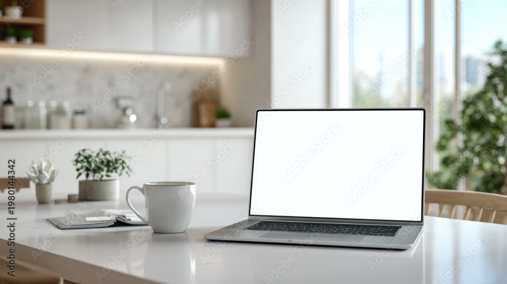Fototapeta premium White dining table featuring a laptop with blank screen mockup, coffee cup, and decor, placed before a blurred modern kitchen. 