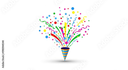 A colorful party popper illustration with confetti and ribbons exploding in the air