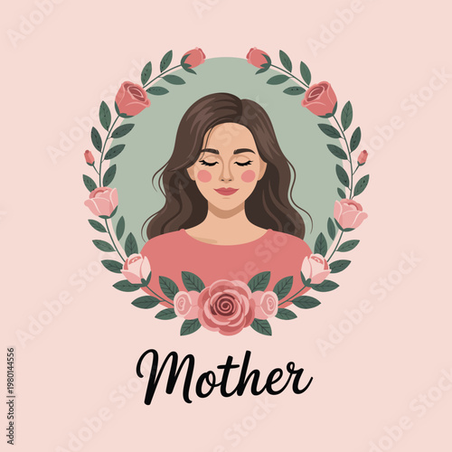 Mother framed by a decorative circular wreath of pink roses and green leaves sits peacefully with eyes closed in a serene portrait designed for celebration of maternal love and appreciation themes.
