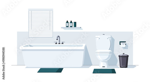 A minimalist bathroom interior featuring a white bathtub toilet and sink with modern decor