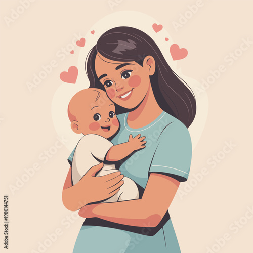 Mother holding her infant child expresses deep affection through a warm embrace while small stylized hearts float around them in this charming illustration created with a soft pastel color palette.