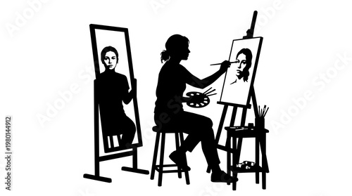 Obraz na plátne Artist painting self-portrait in mirror, isolated on transparent background