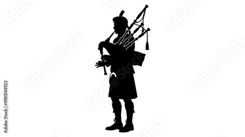 Bilde på lerret Black silhouette of bagpiper playing traditional Scottish instrument, isolated o