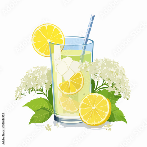 Erfrischende Holunderblütenlimonade mit Zitrone und Eis