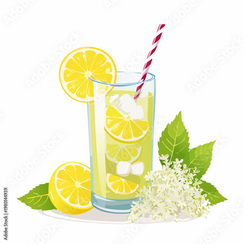Erfrischende Holunderblütenlimonade mit Zitrone und Eis
