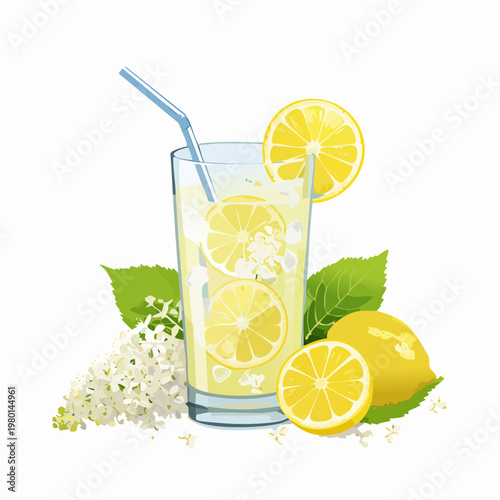 Erfrischende Holunderblütenlimonade mit Zitrone und Eis