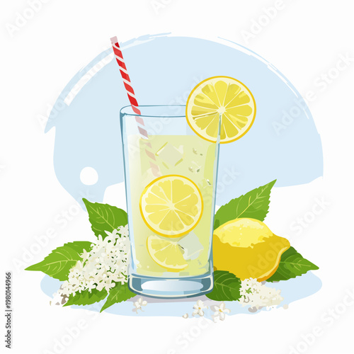 Erfrischende Holunderblütenlimonade mit Zitrone und Eis