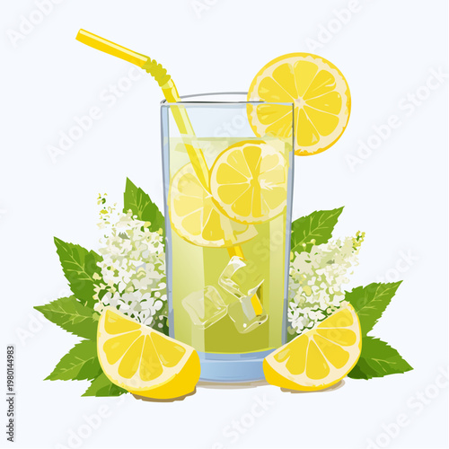 Erfrischende Holunderblütenlimonade mit Zitrone und Eis