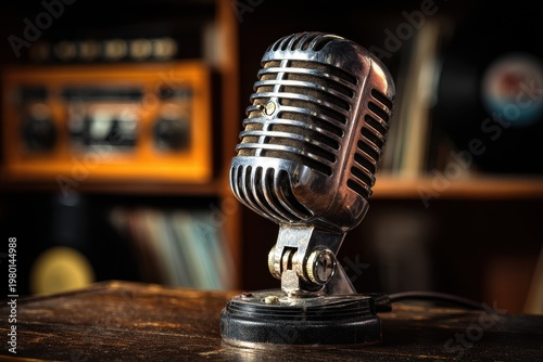Old-fashioned studio microphone on dark wood with nostalgic ambience