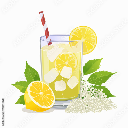 Erfrischende Holunderblütenlimonade mit Zitrone und Eis