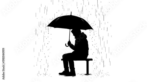 Silhouette of a person sitting on a bench under an umbrella in the rain, isolated on transparent background