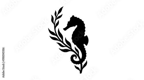 Black seahorse silhouette entwined with leafy branch, isolated on transparent background