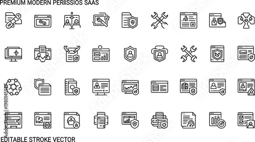 Premium modern permissions and security SaaS line icon set featuring access control authentication user roles and system protection