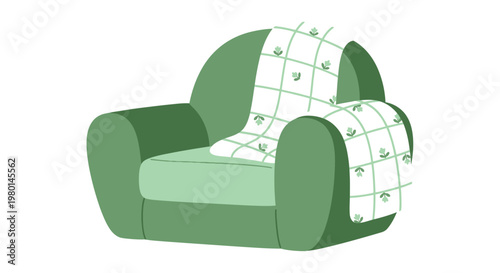A charming illustrated green armchair with a patterned blanket draped over its back and arm