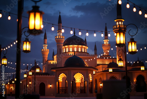 Beautiful illuminated mosque with lanterns at night during Ramadan Bayram, glowing Eid Mubarak architecture with festive lights and Islamic holiday ambiance