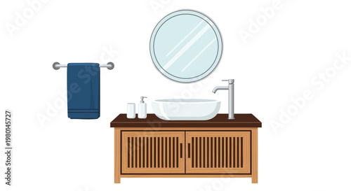 A modern bathroom vanity with a circular mirror towel and white fixtures is displayed