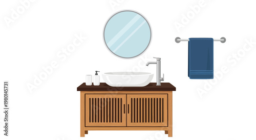 A modern bathroom vanity featuring a circular mirror white sink and wooden cabinet