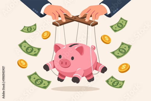 Conceptual Vector Illustration of a Businessman Controlling a Piggy Bank Puppet with Strings, Representing Financial Manipulation, Savings Management, Economic Power, and Monetary Influence.