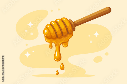Vector illustration of a wooden honey dipper stick dripping sweet golden liquid nectar, simple flat abstract design with sparkles and organic shapes, healthy natural food ingredient concept.