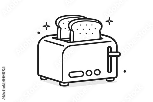 Kitchen Toaster Icon in Line Design Featuring Two Slices of Bread Toast, Ideal for Cafe Breakfast Menus, Cooking Apps, and Home Appliance Graphics, Minimalist Vector Illustration on White.
