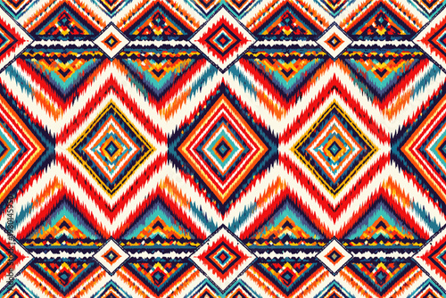 Seamless Ikat Geometric Pattern with Abstract Tribal Ethnic Art, Mexican Style Aztec Embroidery, Vibrant Striped Folk Ornament for Textile, Fashion, Wallpaper, and Home Decor Background Illustration