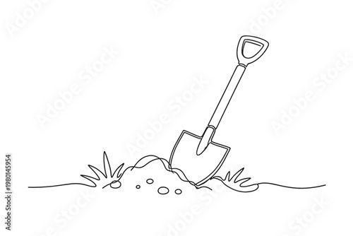 Minimalist one continuous line art drawing of a shovel digging into the earth for gardening or construction. Hand drawn spade tool in soil with grass for agriculture and landscaping designs.