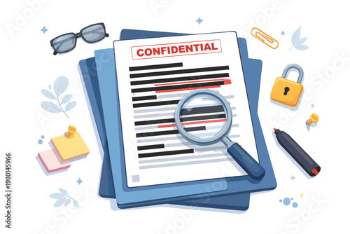 Confidential document with redacted text and magnifying glass flat vector illustration. Concept of data privacy, security, secret investigation, sensitive information, and legal disclosure.