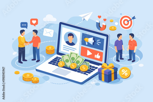 Isometric vector illustration for affiliate marketing and referral program landing page featuring people shaking hands, money, gift box, and digital advertising icons on a laptop screen.