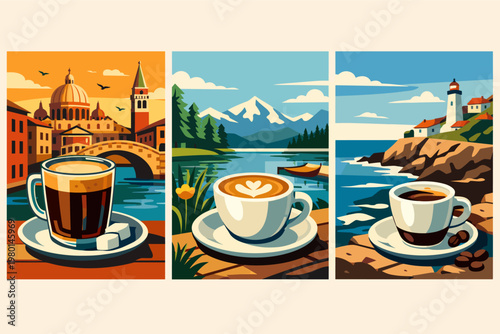 Retro Coffee Travel Poster Triptych Featuring Lungo in Venice, Flat White by a Mountain Lake, and Ristretto on a Coastal Cliff with Lighthouse. Vintage Vector Illustration of Espresso Landscapes.
