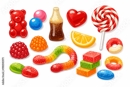 Realistic 3D gummy candy set featuring jelly bear, cola bottle, heart, lollipop, worm, fruit slices, and sugar-coated marmalade. Sweet chewy treats collection isolated on white background vector