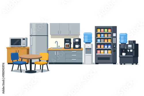 Office Breakroom and Kitchen Appliances Set with Furniture, Refrigerator, Microwave, Coffee Machine, Water Cooler, Vending Machine, Table and Chairs Vector Illustration for Interior Design