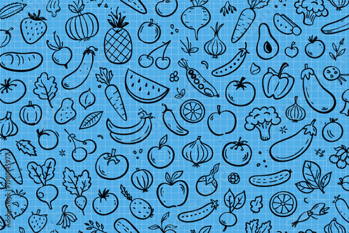 Hand Drawn Ink Doodle Fruits and Vegetables Seamless Pattern on Blue Grid Background. Aesthetic Organic Food Illustration for Healthy Lifestyle, Kitchen Decor, Wallpaper, and Textile Design.