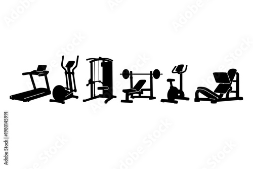 Set of six black gym fitness machine silhouettes in a row including treadmill, elliptical, cable crossover, weight bench, stationary bike, and leg press for workout and bodybuilding design.