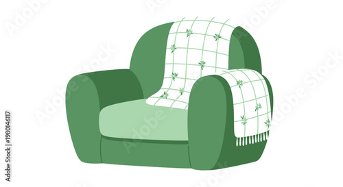 A charming stylized illustration of a green armchair with a patterned draped blanket