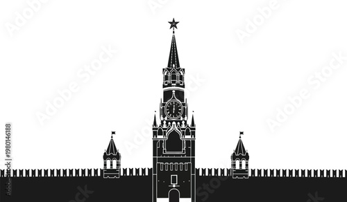 A striking black and white illustration depicts the iconic spires of moscow s kremlin rendered as a bold silhouette high quality professional detailed modern