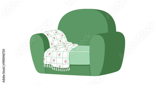 A vibrant green armchair with a floral patterned blanket draped over its back and seat