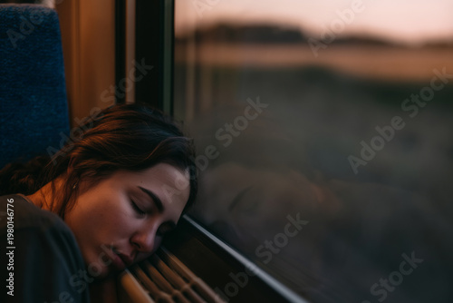 Resting peacefully while journeying on the train at sunset