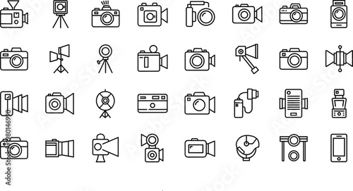 Photography and videography equipment line icon set featuring camera tripod recording devices minimal outline vector collection
