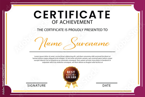 Elegant Magenta and Gold Certificate of Achievement Template - Luxury Award 2026